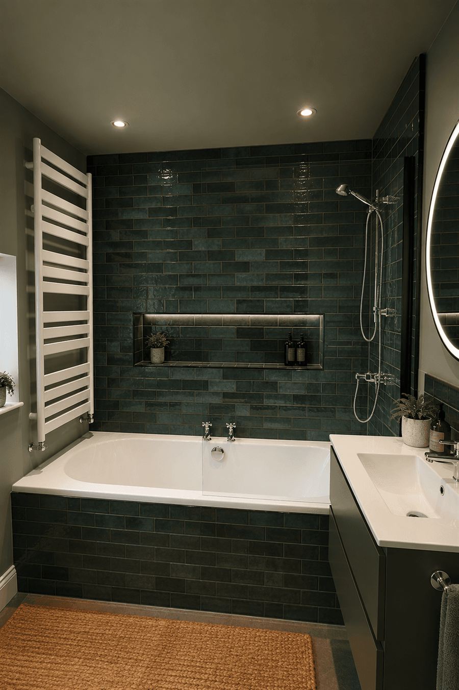 Contemporary bathroom with dark green tiles and large bath